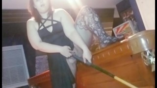 Chubby girl fucks self with pool stick on pool table till she squirts