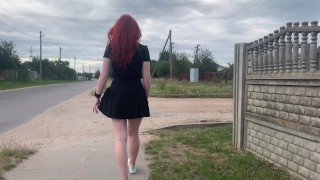 A Red-Haired Beauty Jerks Off In Public And Greedily Sucks Off Her Boyfriend